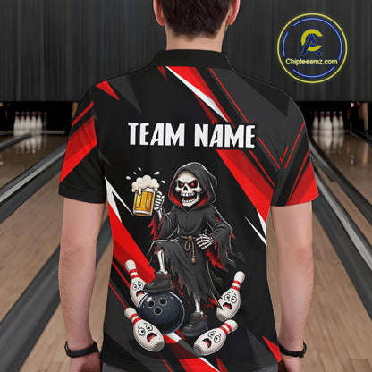 Black & Red Funny Grim Reaper Bowling Jersey Bowling Shirt for Men Polo & 1/4 Zip QZT1243