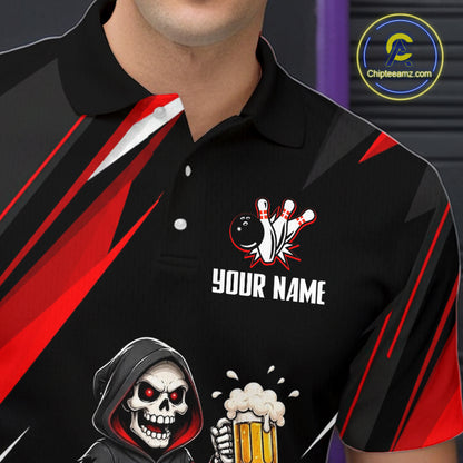 Black & Red Funny Grim Reaper Bowling Jersey Bowling Shirt for Men Polo & 1/4 Zip QZT1243