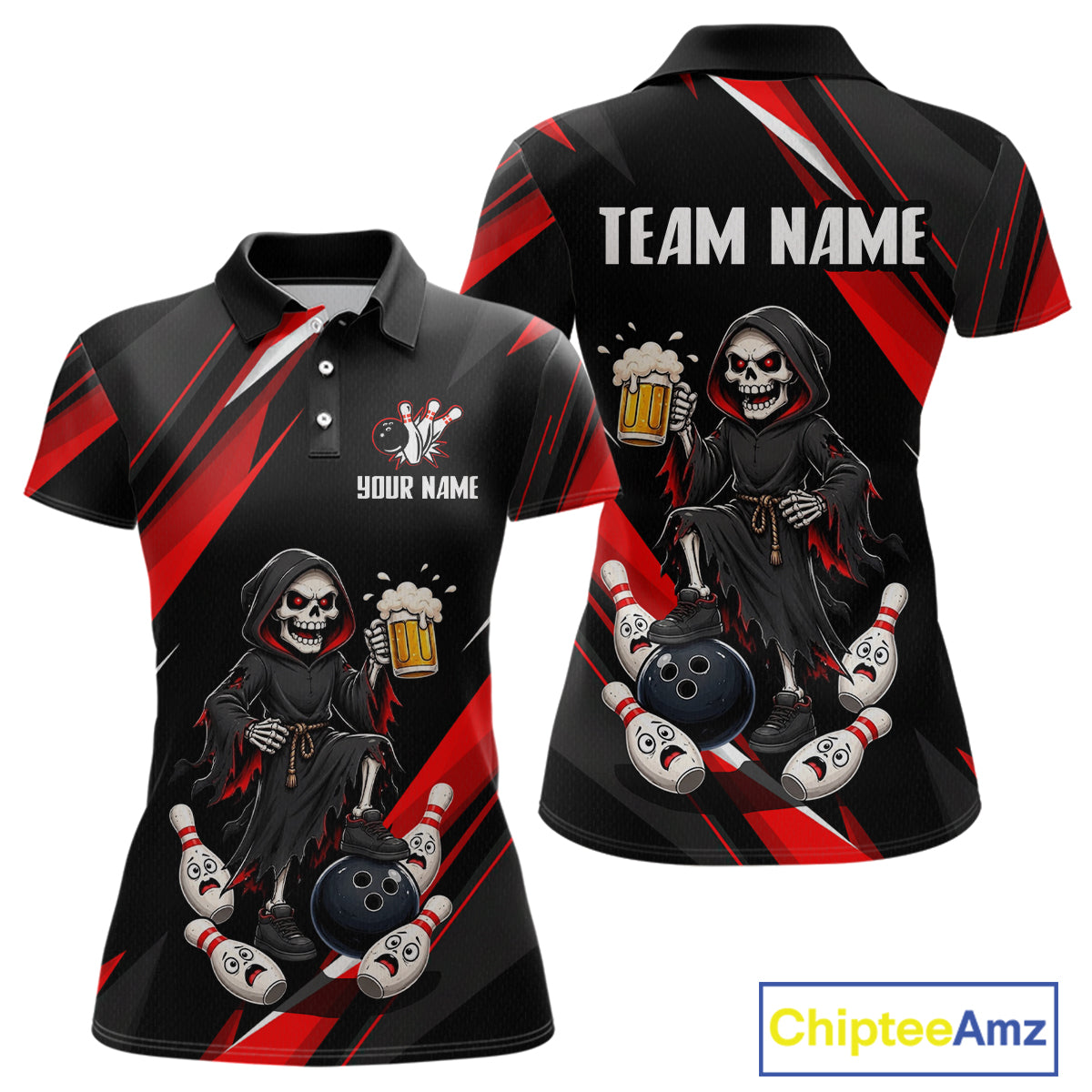 Black & Red Funny Grim Reaper Bowling Jersey Bowling Shirt for Women Polo & 1/4 Zip QZT1243