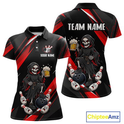 Black & Red Funny Grim Reaper Bowling Jersey Bowling Shirt for Women Polo & 1/4 Zip QZT1243