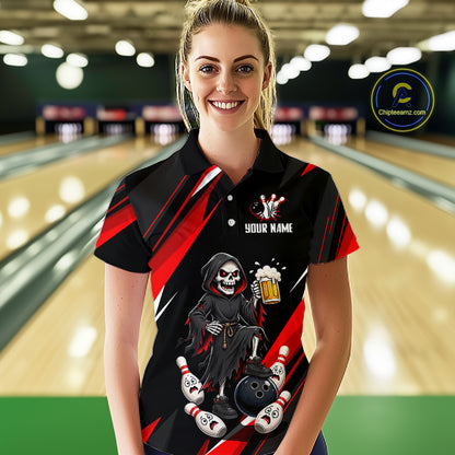 Black & Red Funny Grim Reaper Bowling Jersey Bowling Shirt for Women Polo & 1/4 Zip QZT1243