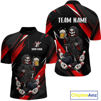 Black & Red Funny Grim Reaper Bowling Jersey Bowling Shirt for Men Polo & 1/4 Zip QZT1243