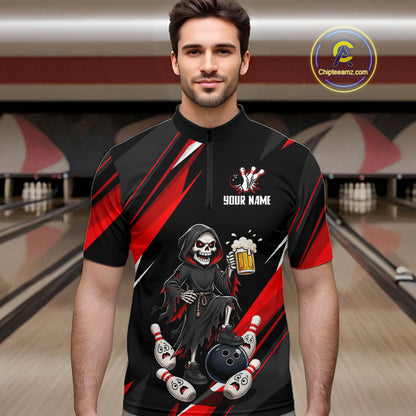 Black & Red Funny Grim Reaper Bowling Jersey Bowling Shirt for Men Polo & 1/4 Zip QZT1243