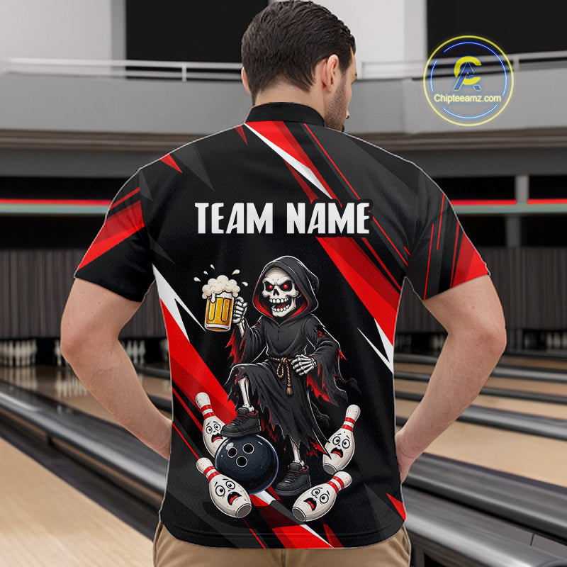 Black & Red Funny Grim Reaper Bowling Jersey Bowling Shirt for Men Polo & 1/4 Zip QZT1243