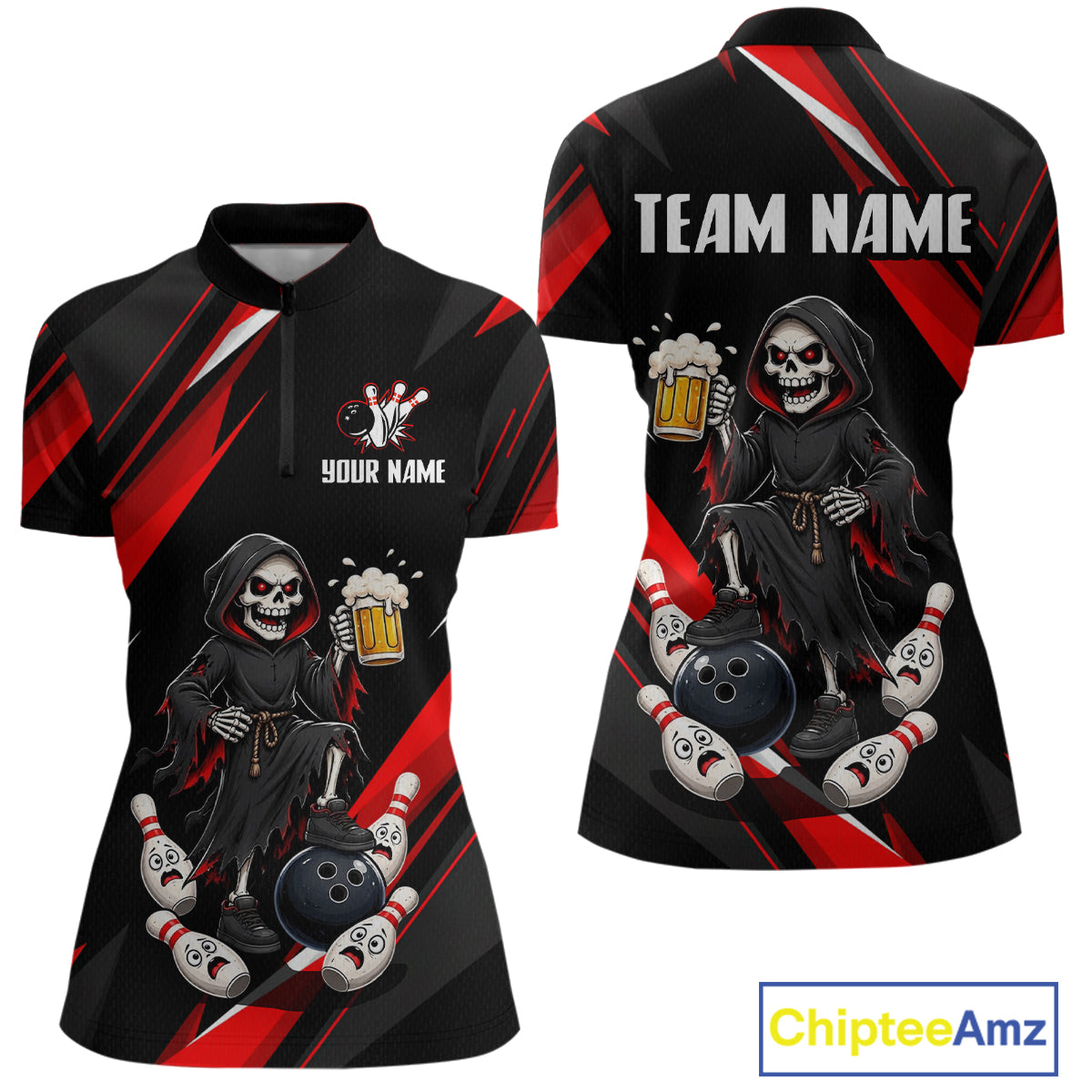 Black & Red Funny Grim Reaper Bowling Jersey Bowling Shirt for Women Polo & 1/4 Zip QZT1243