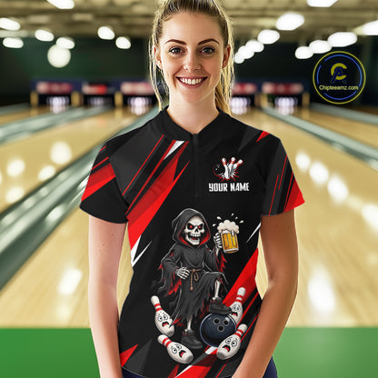 Black & Red Funny Grim Reaper Bowling Jersey Bowling Shirt for Women Polo & 1/4 Zip QZT1243
