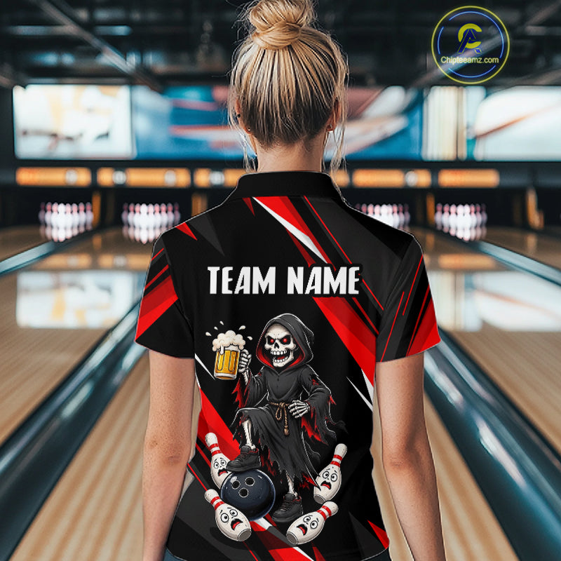 Black & Red Funny Grim Reaper Bowling Jersey Bowling Shirt for Women Polo & 1/4 Zip QZT1243