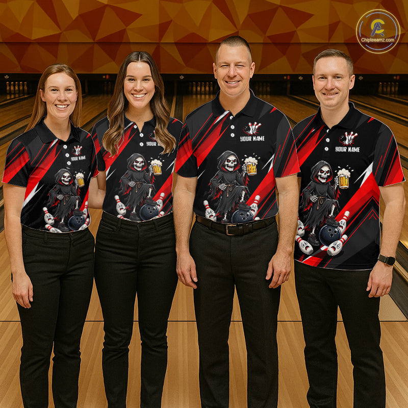 Black & Red Funny Grim Reaper Bowling Jersey Bowling Shirt for Women Polo & 1/4 Zip QZT1243