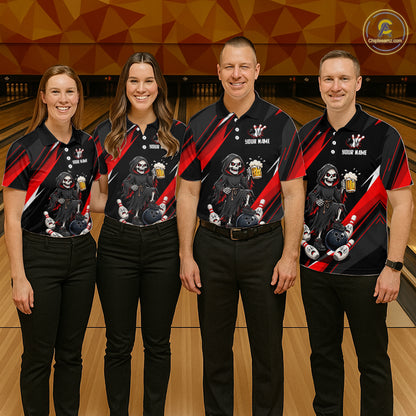 Black & Red Funny Grim Reaper Bowling Jersey Bowling Shirt for Women Polo & 1/4 Zip QZT1243