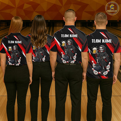 Black & Red Funny Grim Reaper Bowling Jersey Bowling Shirt for Women Polo & 1/4 Zip QZT1243