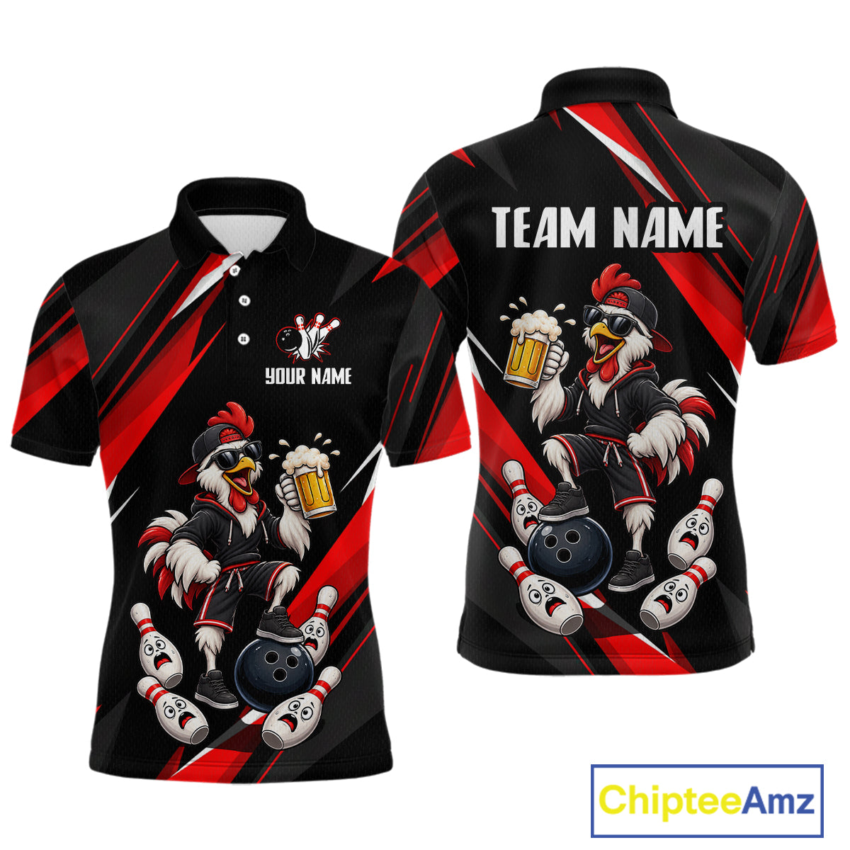 Black & Red Funny Chicken Bowling Jersey Custom Bowling Shirt for Men Polo & 1/4 Zip QZT1244