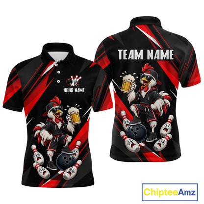 Black & Red Funny Chicken Bowling Jersey Custom Bowling Shirt for Men Polo & 1/4 Zip QZT1244