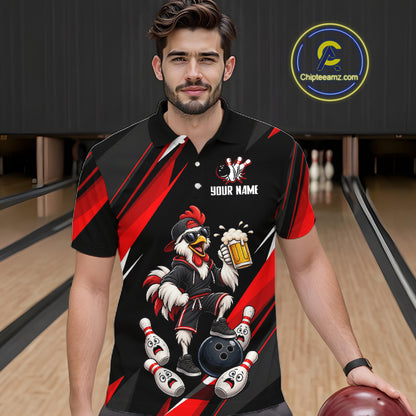 Black & Red Funny Chicken Bowling Jersey Custom Bowling Shirt for Men Polo & 1/4 Zip QZT1244