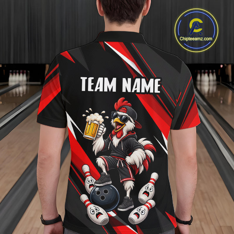 Black & Red Funny Chicken Bowling Jersey Custom Bowling Shirt for Men Polo & 1/4 Zip QZT1244