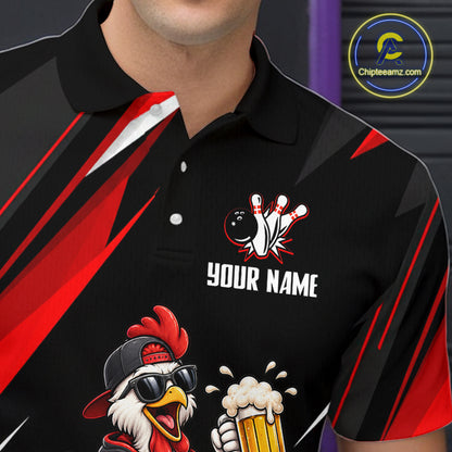 Black & Red Funny Chicken Bowling Jersey Custom Bowling Shirt for Men Polo & 1/4 Zip QZT1244