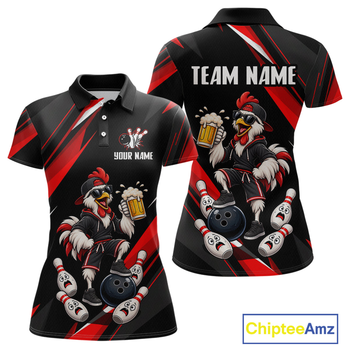 Black & Red Funny Chicken Bowling Jersey Custom Bowling Shirt for Women Polo & 1/4 Zip QZT1244