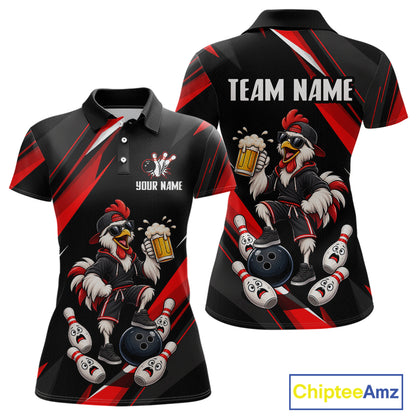 Black & Red Funny Chicken Bowling Jersey Custom Bowling Shirt for Women Polo & 1/4 Zip QZT1244