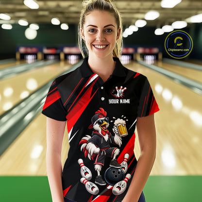 Black & Red Funny Chicken Bowling Jersey Custom Bowling Shirt for Women Polo & 1/4 Zip QZT1244