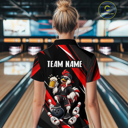 Black & Red Funny Chicken Bowling Jersey Custom Bowling Shirt for Women Polo & 1/4 Zip QZT1244