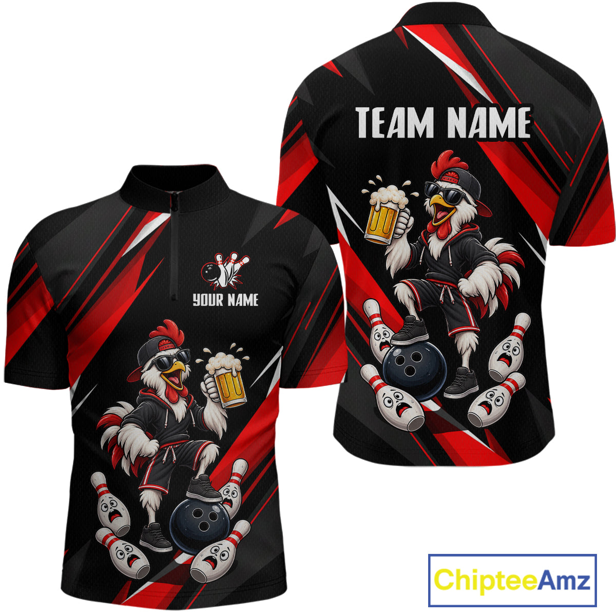 Black & Red Funny Chicken Bowling Jersey Custom Bowling Shirt for Men Polo & 1/4 Zip QZT1244