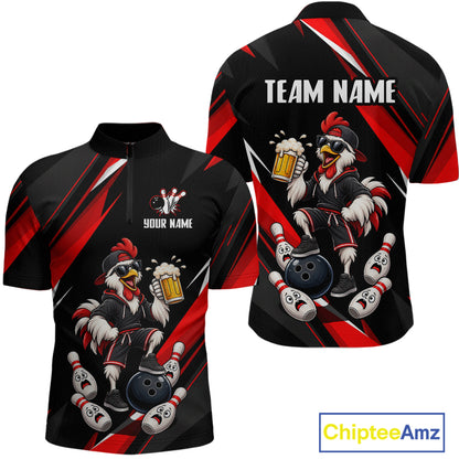 Black & Red Funny Chicken Bowling Jersey Custom Bowling Shirt for Men Polo & 1/4 Zip QZT1244