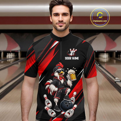 Black & Red Funny Chicken Bowling Jersey Custom Bowling Shirt for Men Polo & 1/4 Zip QZT1244