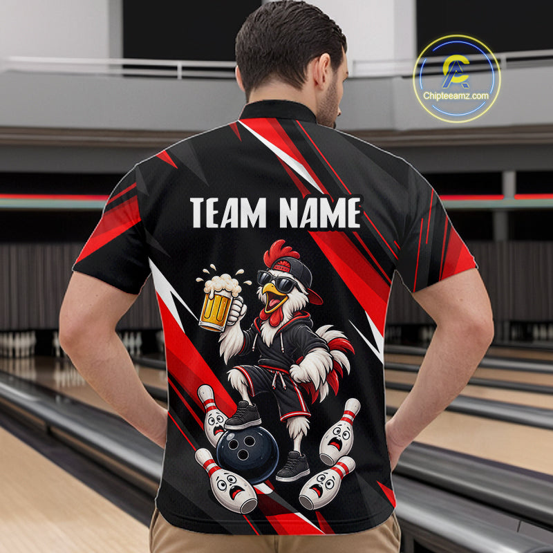 Black & Red Funny Chicken Bowling Jersey Custom Bowling Shirt for Men Polo & 1/4 Zip QZT1244