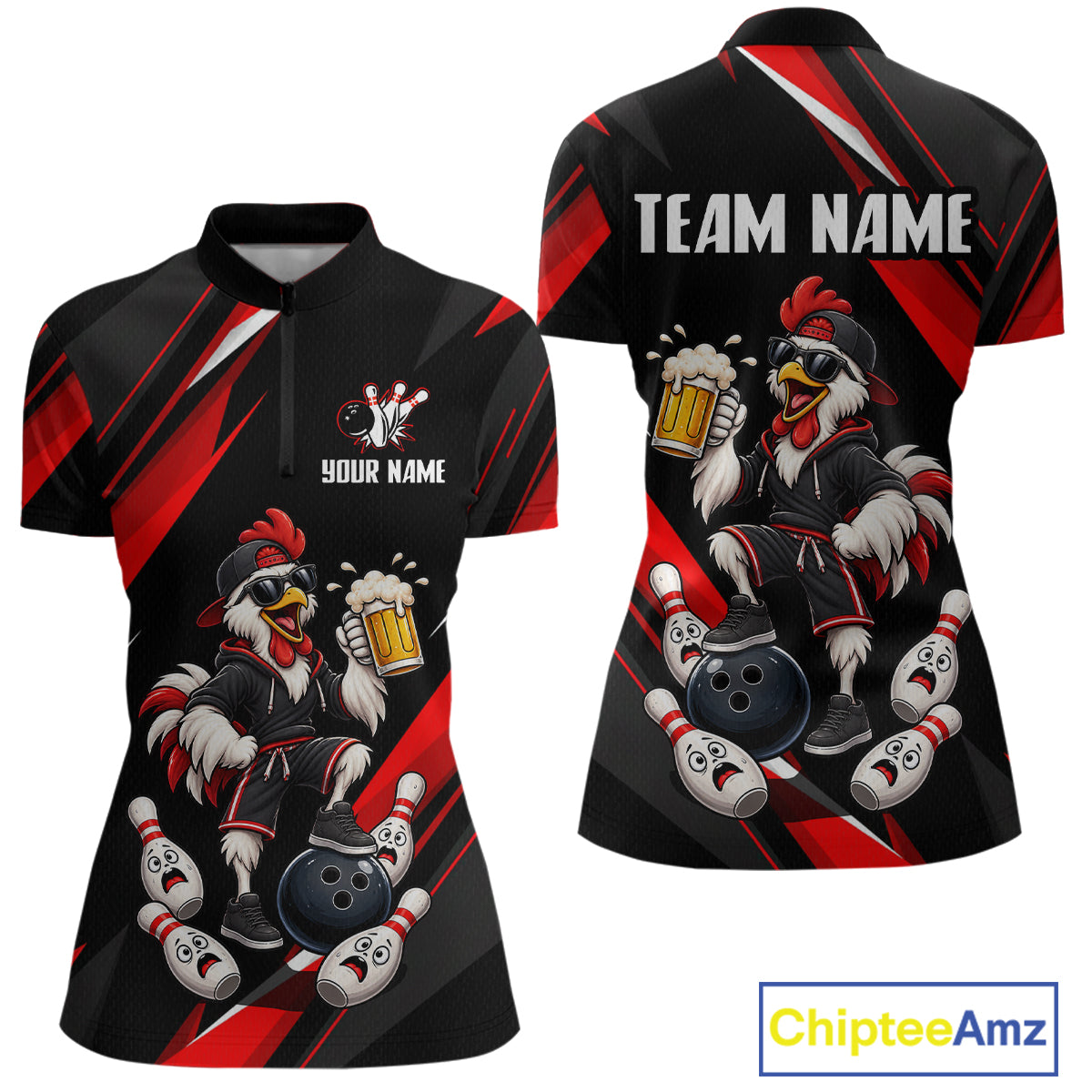 Black & Red Funny Chicken Bowling Jersey Custom Bowling Shirt for Women Polo & 1/4 Zip QZT1244