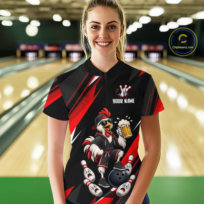 Black & Red Funny Chicken Bowling Jersey Custom Bowling Shirt for Women Polo & 1/4 Zip QZT1244