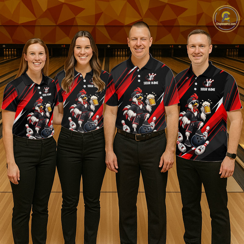 Black & Red Funny Chicken Bowling Jersey Custom Bowling Shirt for Women Polo & 1/4 Zip QZT1244