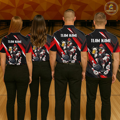 Black & Red Funny Chicken Bowling Jersey Custom Bowling Shirt for Women Polo & 1/4 Zip QZT1244