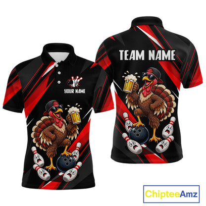 Black & Red Funny Turkey Bowling Jersey Custom Bowling Shirt for Men Polo & 1/4 Zip QZT1245