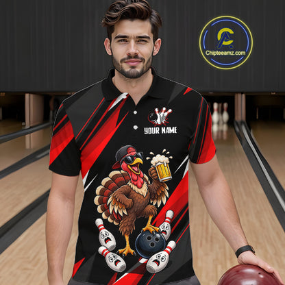 Black & Red Funny Turkey Bowling Jersey Custom Bowling Shirt for Men Polo & 1/4 Zip QZT1245