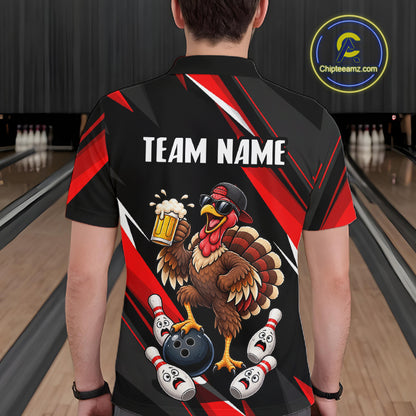 Black & Red Funny Turkey Bowling Jersey Custom Bowling Shirt for Men Polo & 1/4 Zip QZT1245