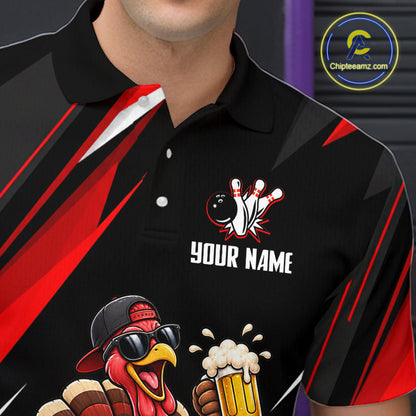 Black & Red Funny Turkey Bowling Jersey Custom Bowling Shirt for Men Polo & 1/4 Zip QZT1245