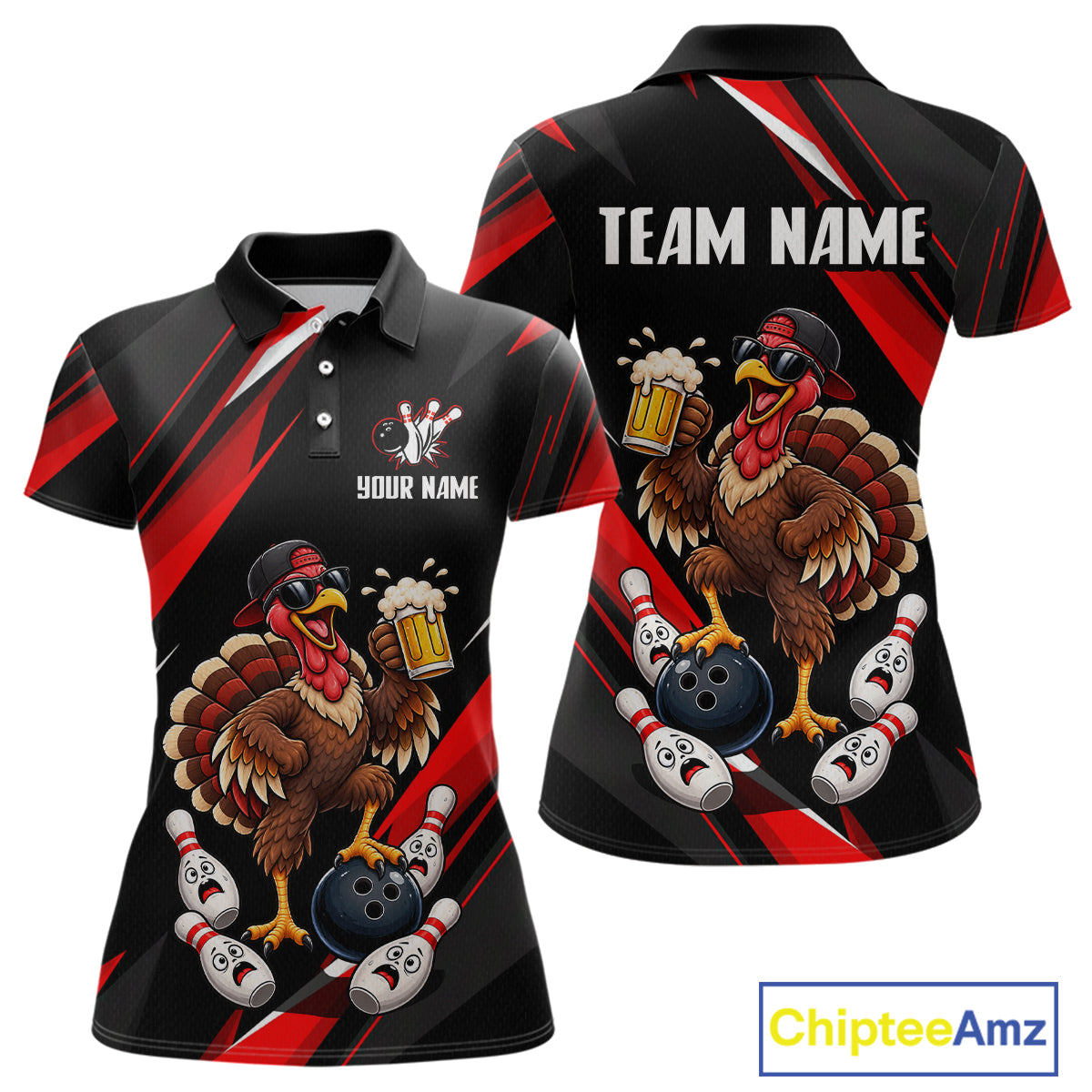 Black & Red Funny Turkey Bowling Jersey Custom Bowling Shirt for Women Polo & 1/4 Zip QZT1245