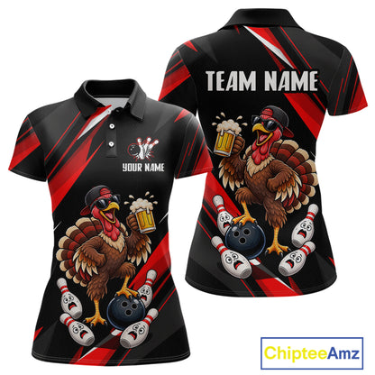Black & Red Funny Turkey Bowling Jersey Custom Bowling Shirt for Women Polo & 1/4 Zip QZT1245
