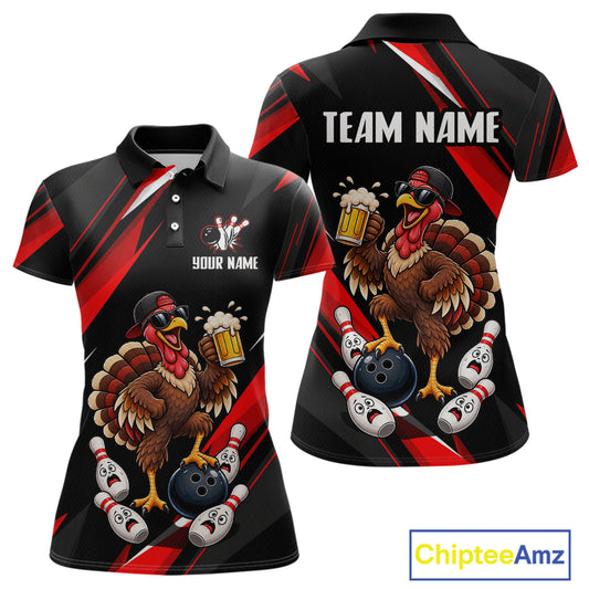 Black & Red Funny Turkey Bowling Jersey Custom Bowling Shirt for Women Polo & 1/4 Zip QZT1245