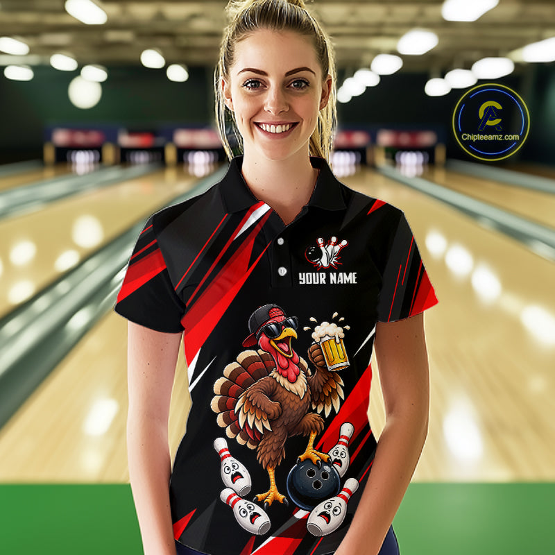 Black & Red Funny Turkey Bowling Jersey Custom Bowling Shirt for Women Polo & 1/4 Zip QZT1245