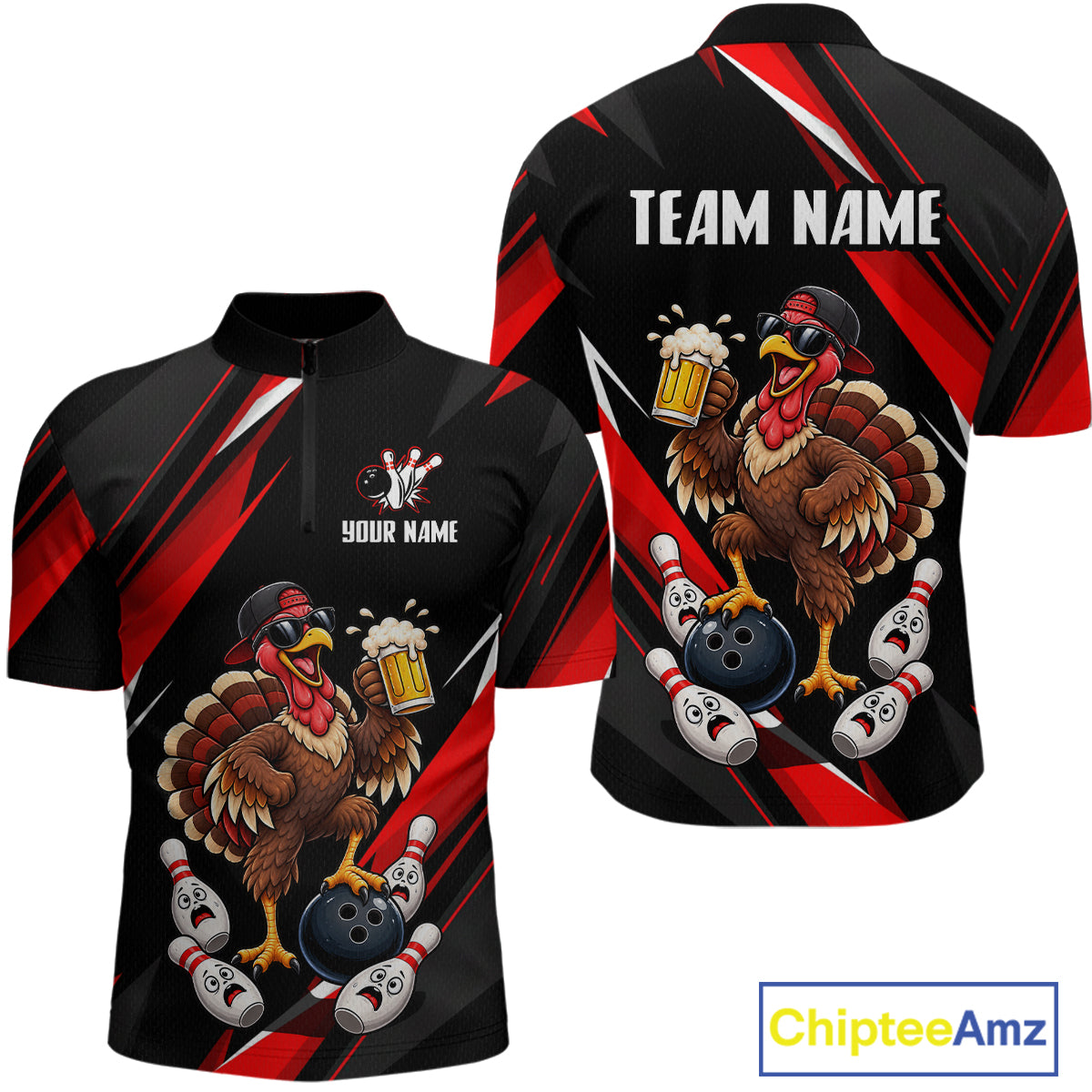 Black & Red Funny Turkey Bowling Jersey Custom Bowling Shirt for Men Polo & 1/4 Zip QZT1245