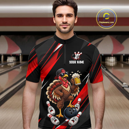 Black & Red Funny Turkey Bowling Jersey Custom Bowling Shirt for Men Polo & 1/4 Zip QZT1245