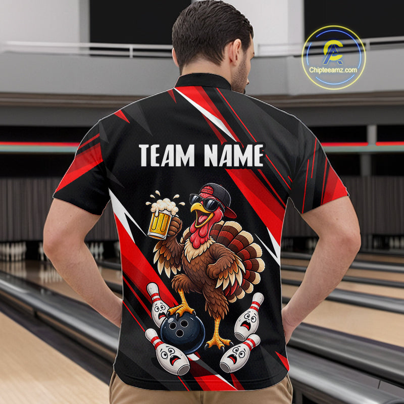 Black & Red Funny Turkey Bowling Jersey Custom Bowling Shirt for Men Polo & 1/4 Zip QZT1245