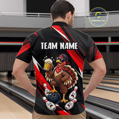 Black & Red Funny Turkey Bowling Jersey Custom Bowling Shirt for Men Polo & 1/4 Zip QZT1245
