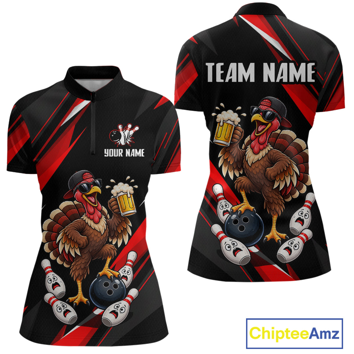 Black & Red Funny Turkey Bowling Jersey Custom Bowling Shirt for Women Polo & 1/4 Zip QZT1245