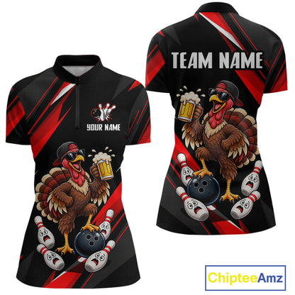 Black & Red Funny Turkey Bowling Jersey Custom Bowling Shirt for Women Polo & 1/4 Zip QZT1245