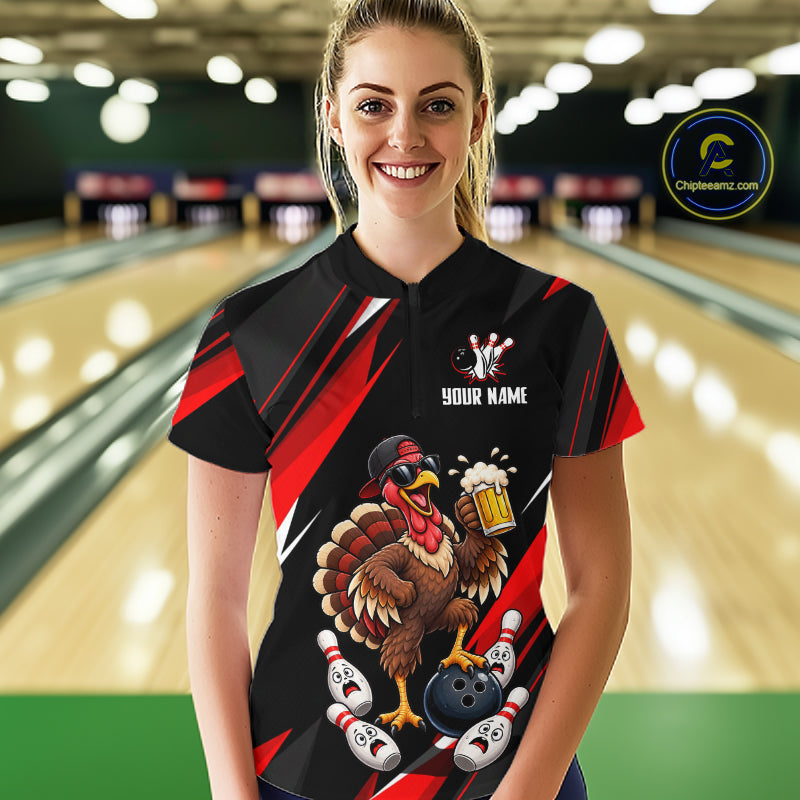 Black & Red Funny Turkey Bowling Jersey Custom Bowling Shirt for Women Polo & 1/4 Zip QZT1245