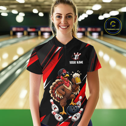 Black & Red Funny Turkey Bowling Jersey Custom Bowling Shirt for Women Polo & 1/4 Zip QZT1245