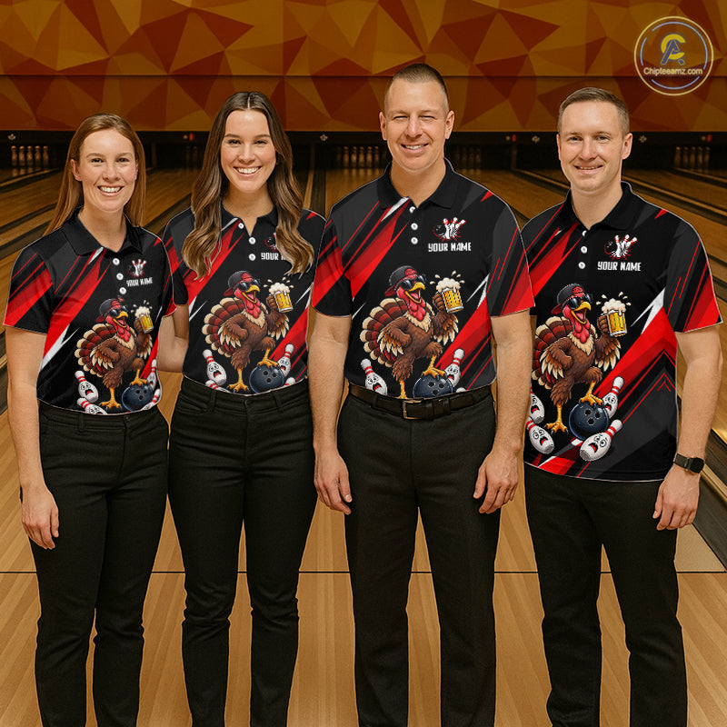 Black & Red Funny Turkey Bowling Jersey Custom Bowling Shirt for Men Polo & 1/4 Zip QZT1245