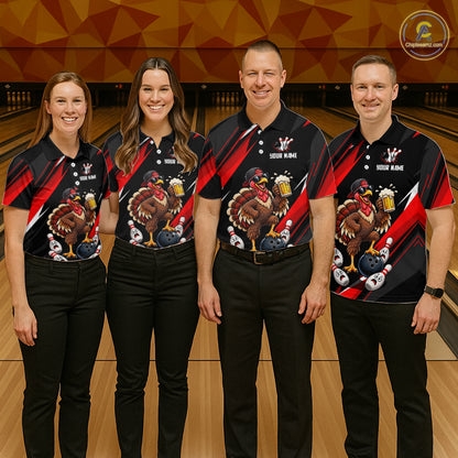 Black & Red Funny Turkey Bowling Jersey Custom Bowling Shirt for Men Polo & 1/4 Zip QZT1245