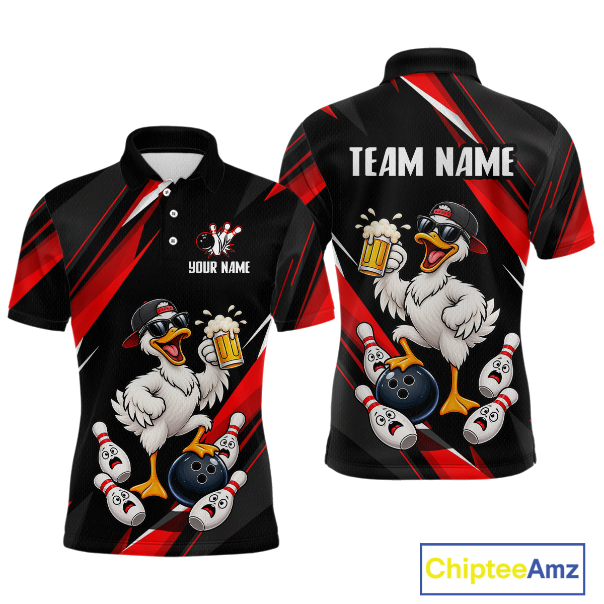 Black & Red Funny Duck Bowling Jersey Custom Bowling Shirt for Men Polo & 1/4 Zip QZT1246